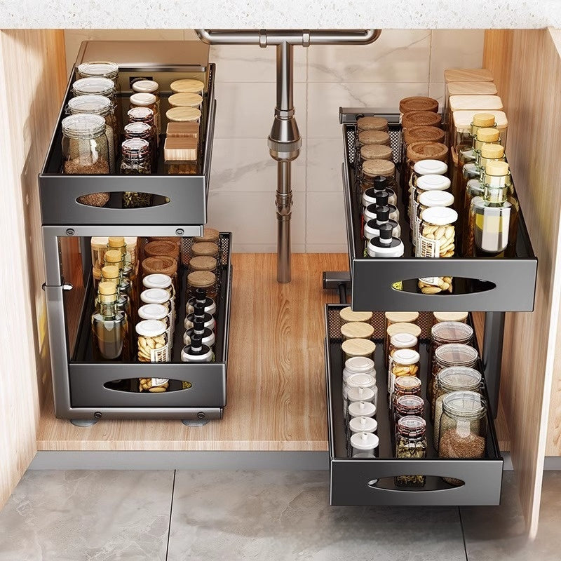 Pull-out Double-layer Lath Drawer Kitchen Cabinet Spice Jar Pull-out Basket Retractable Storage Rack