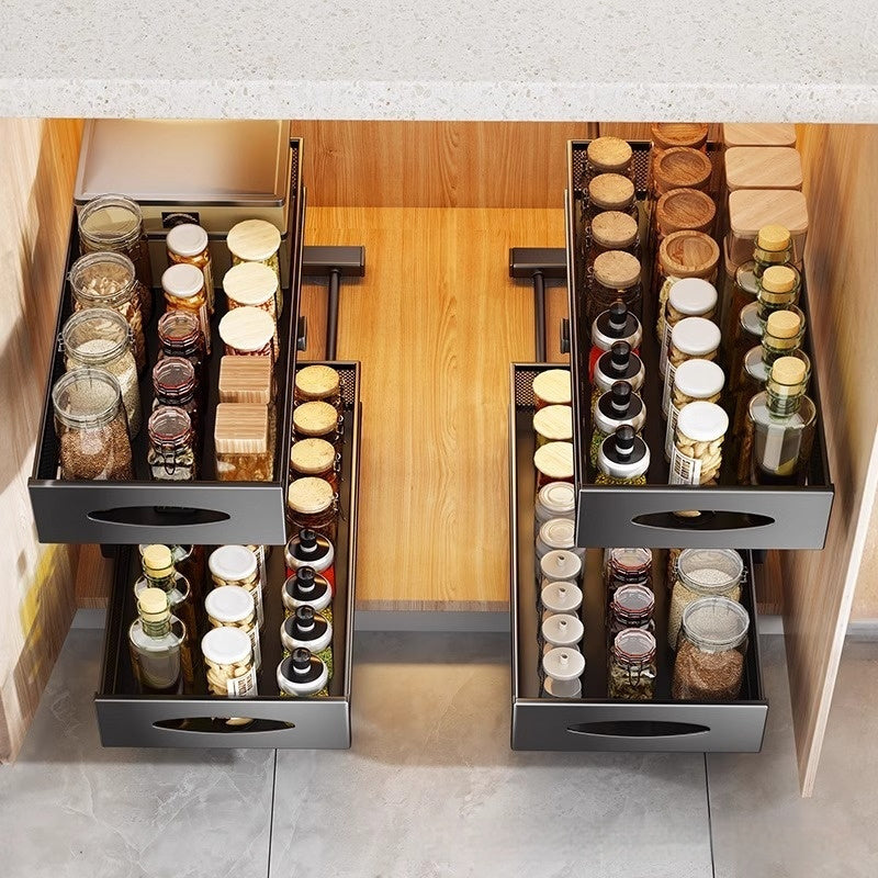 Pull-out Double-layer Lath Drawer Kitchen Cabinet Spice Jar Pull-out Basket Retractable Storage Rack