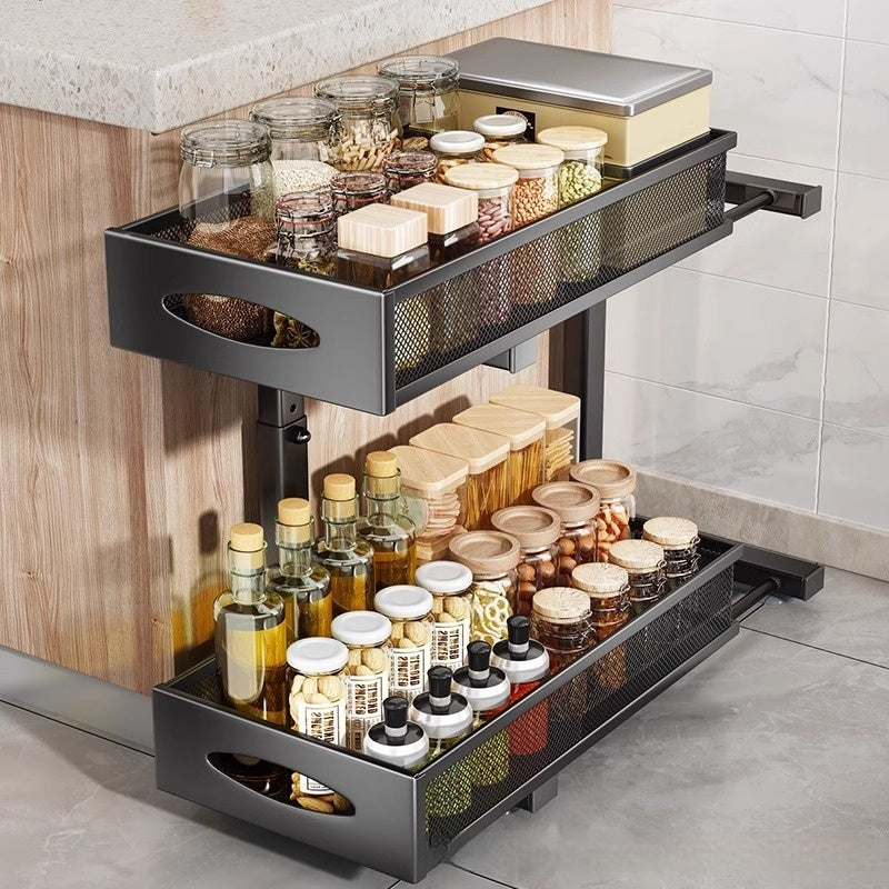 Pull-out Double-layer Lath Drawer Kitchen Cabinet Spice Jar Pull-out Basket Retractable Storage Rack
